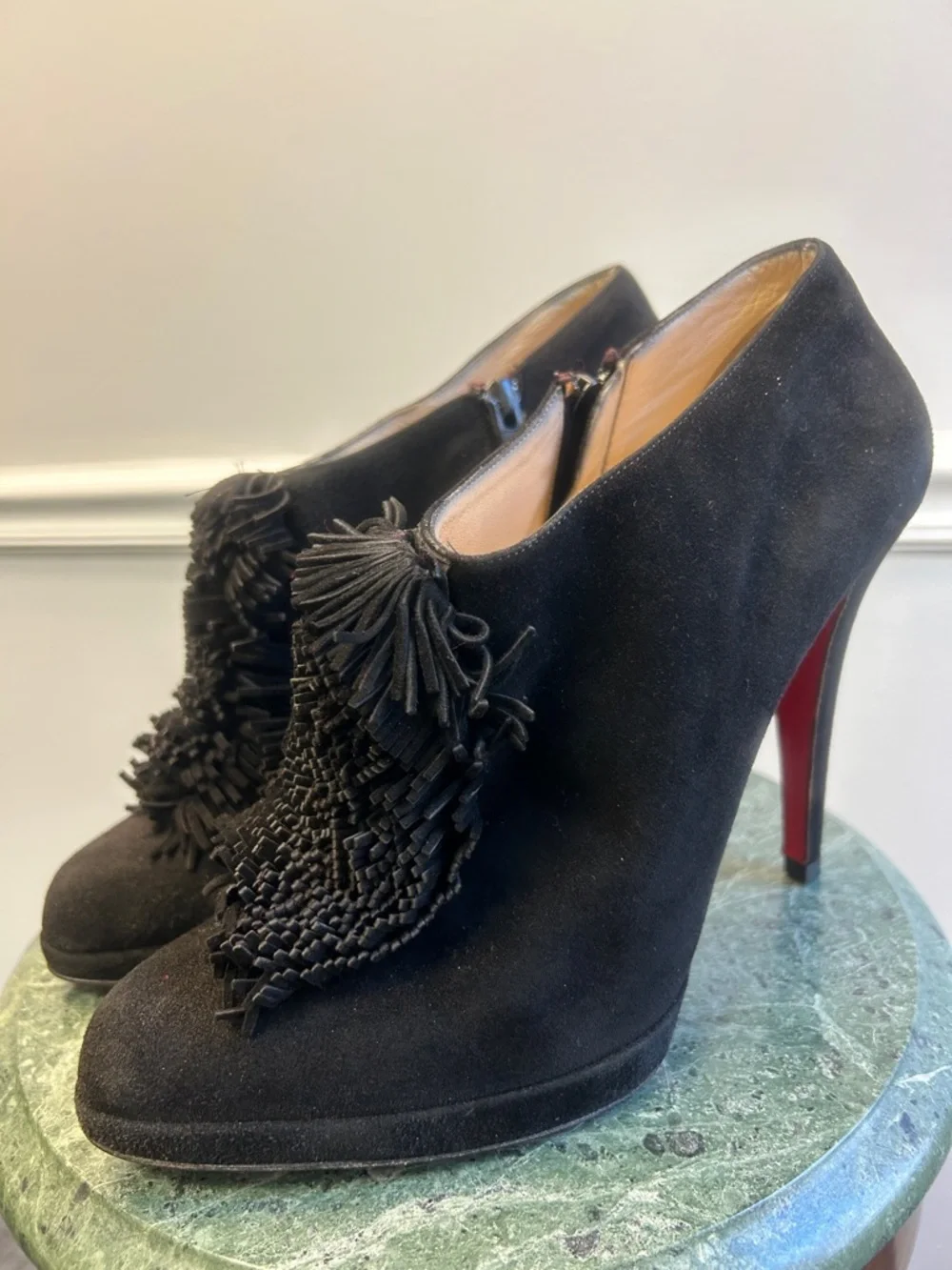 Authentic Christian Louboutin Goya Suede Fringe Black Bootie 10 US w/ Shoe Bags